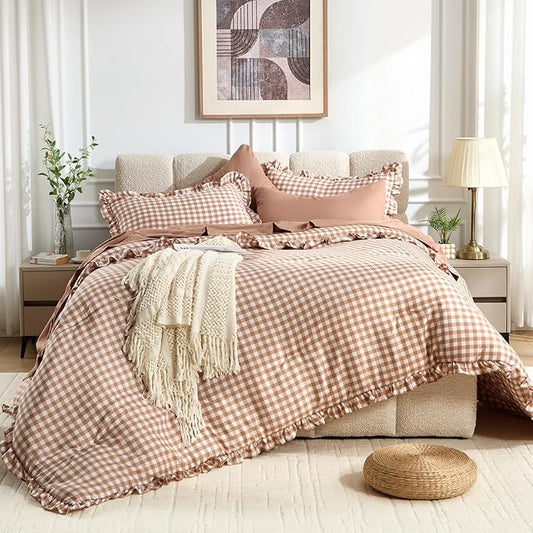 BDEUS 5 Pieces Gingham Ruffle Comforter Set Twin/Twin XL Size, Brown Grid Tartan Bedding Set, Soft Breathable Fabric Comforter with Flat Sheet, Fitted Sheet, 1 Pillowcase & 1 Sham, 68"X88"
