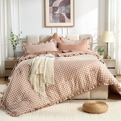 BDEUS 7 Pieces Gingham Ruffle Comforter Set King Size, Brown Grid Tartan Bedding Set, Soft Breathable Fabric Comforter with Flat Sheet, Fitted Sheet, 2 Pillowcases & 2 Shams, 104"X90"