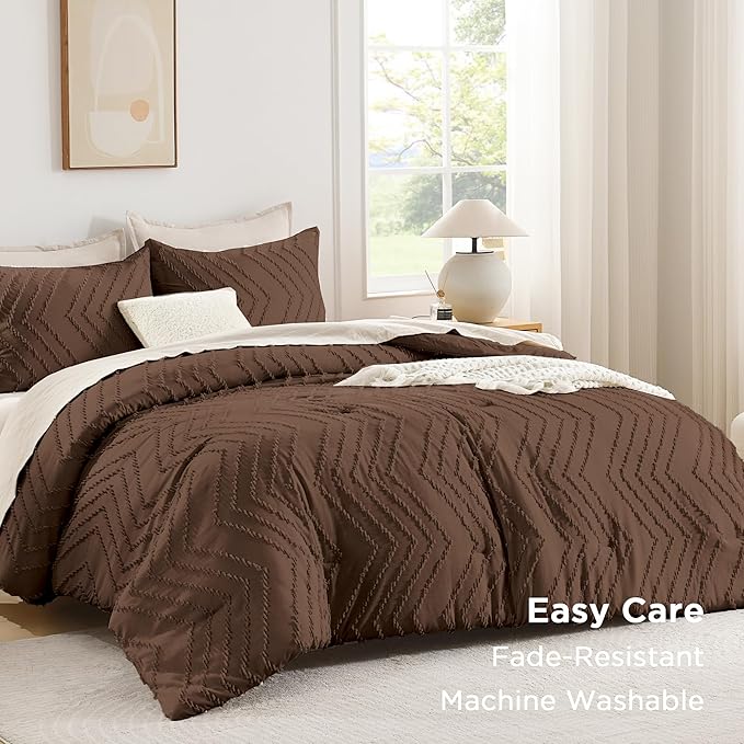 Andency Brown California King Comforter Set, Boho Cal King Soft Warm Tufted Neutral Bedding Comforter Sets, 3 Pieces Cali King Aesthetic Chevron Farmhouse Cute Bohemian Textured Bedding Set