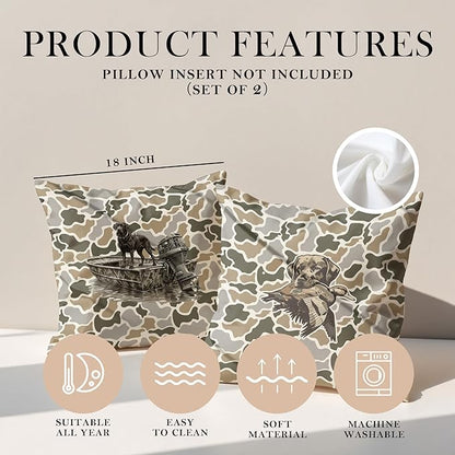 Vintage Camo Labrador Retriever Mallard Duck Throw Pillow Covers 18x18 Set of 2, Dog Hunting Pillowcase, Camouflage Farm Animal Decorative Pillow Covers,Camouflage Wild Animal Decor（83）