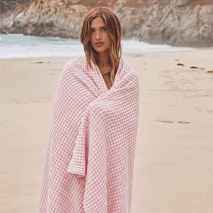 Bedsure Cooling Cotton Waffle Queen Size Blanket - Lightweight Breathable Blanket of Rayon Derived from Bamboo for Hot Sleepers,Spring Pink, 90x90 Inches
