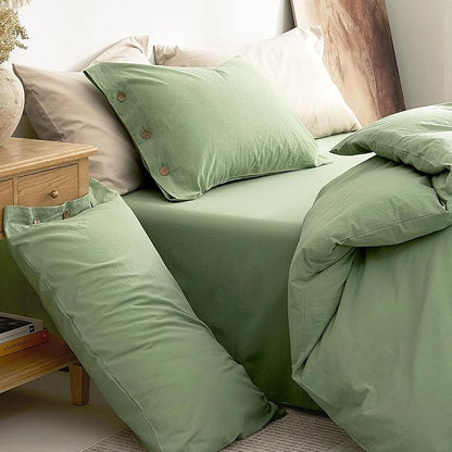 JELLYMONI 100% Washed Cotton Duvet Cover Queen – Soft, Breathable Linen-Look Bedding with Natural Wrinkle Texture, Button Closure, 3-Piece Set (Mint Green, 90"x90")