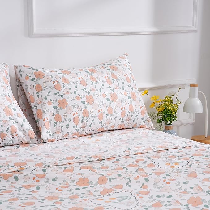 Floral Printed Twin Size Sheet Set - Silky Soft Microfiber, Wrinkle Free, and Luxurious Bed Sheets - Includes Flat Sheet, Fitted Sheet and Pillowcases - Orange, Full Size