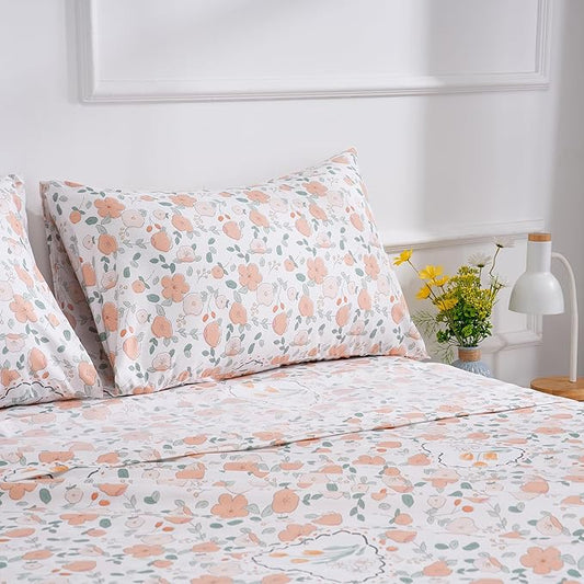 Floral Printed Twin Size Sheet Set - Silky Soft Microfiber, Wrinkle Free, and Luxurious Bed Sheets - Includes Flat Sheet, Fitted Sheet and Pillowcases - Orange, Full Size