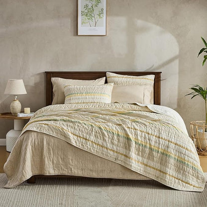 Wonderful 100% Cotton Quilt Set King Size Fall Bedding Set Natural Dyed, Cozy & Breathable Striped Coverlet, Soft Pre-Washed Bedspread with Shams (Light Yellow/Green Stripe)