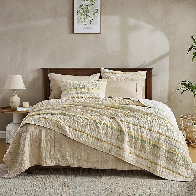 Wonderful 100% Cotton Quilt Set Queen Size Striped Fall Bedding, Natural Dyed Cozy & Breathable Coverlet, Soft Pre-Washed Bedspread (Light Yellow/Green)