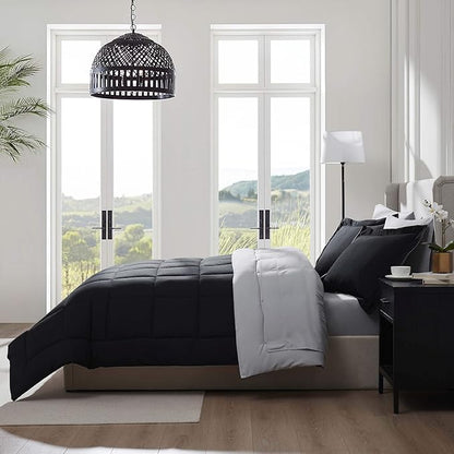 Nestl 7 Piece California King Comforter Set – Black Reversible Bed in a Bag – Complete Cal King Size Bedding Set with Sheets, Pillowcases and Shams