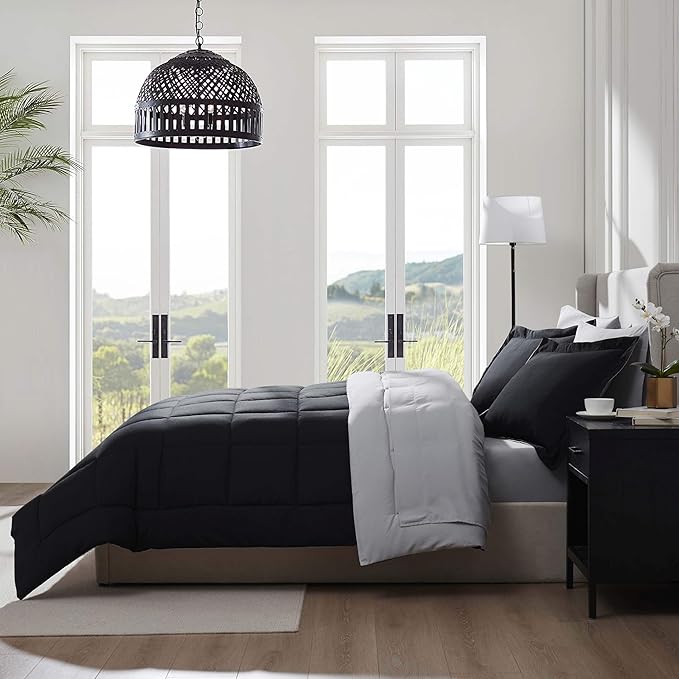 Nestl 7 Piece King Comforter Set – Black Reversible Bed in a Bag – Complete King Size Bedding Set with Sheets, Pillowcases and Shams