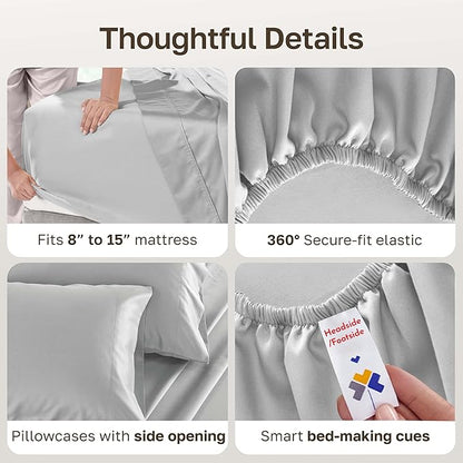 Luxury Adjustable Split King Bedsheets Set, Soft 100% Cotton, 500 Thread Count Sateen, Includes Twin-Xl Fitted Sheets, Snug Fit, Sheet Sets & Pillowcases (Split King, Light Grey)