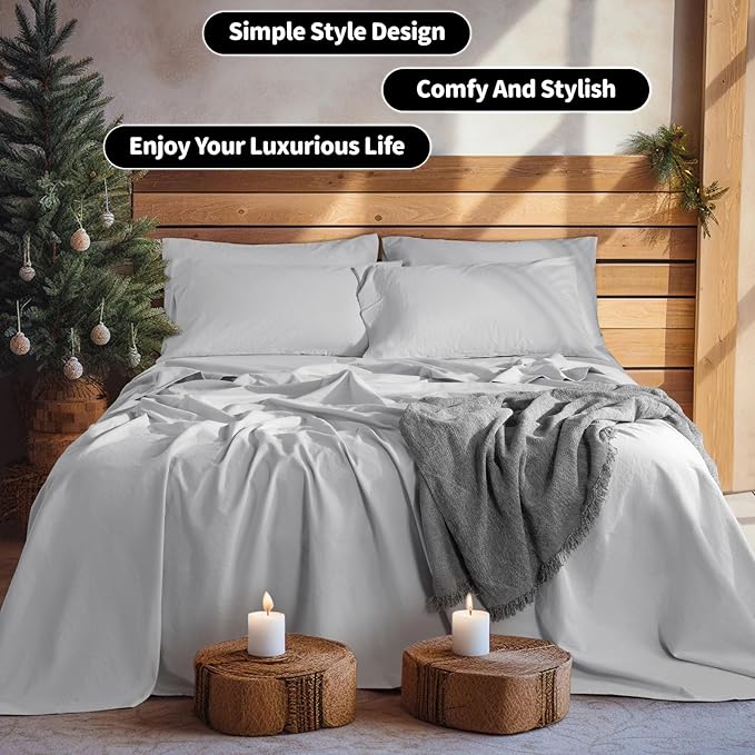 LBRO2M 100% Pure Linen Sheet Set Deep Pocket Up to 16" Bed Sheets Sets, Natural Flax Beddings Soft, Breathable, Comfortable for All Seasons 6 Pcs Sheet Set Cal King Size, Grey