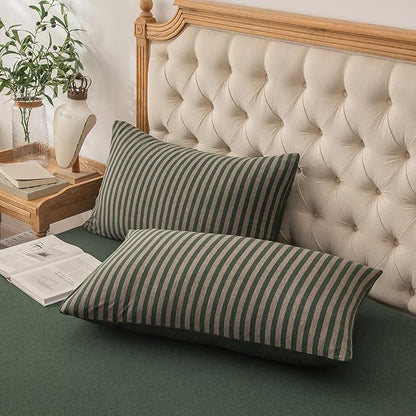 PURE ERA Jersey Knit Pillowcases 100% T-Shirt Cotton Super Soft Comfy Breathable, Set of 2, King 20" x 36", Forest Green Stripe