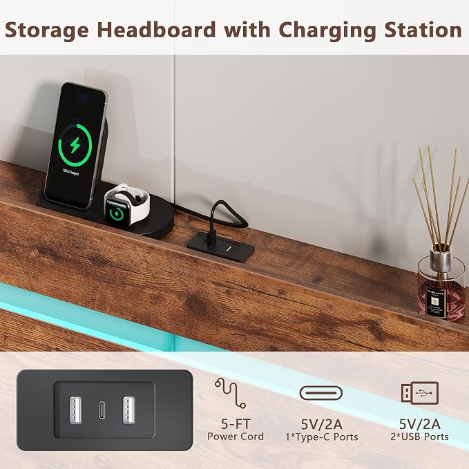 Forestell Twin Bed Frame with Wood Headboard,2 Storage Drawers & Shelf | Built-in Charging Station & LED Lights, Metal Support, No Box Spring Needed, noise-free, easy assembly, Smart RGB, USB+Type-C
