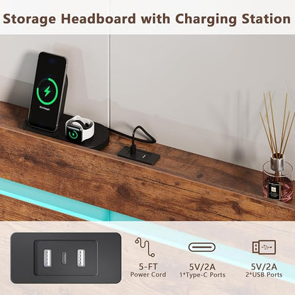 Forestell Twin Bed Frame with Wood Headboard,2 Storage Drawers & Shelf | Built-in Charging Station & LED Lights, Metal Support, No Box Spring Needed, noise-free, easy assembly, Smart RGB, USB+Type-C
