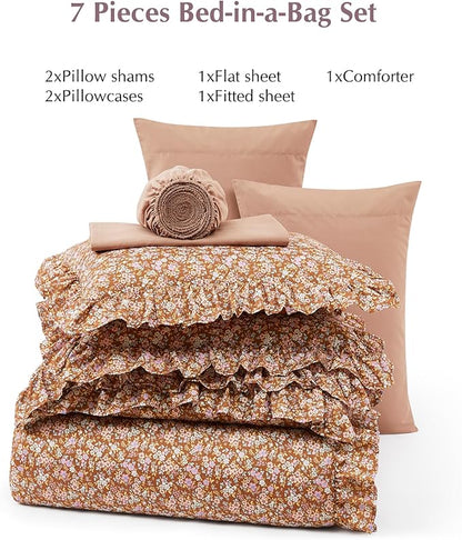 King Comforter Set - 7 Pieces Ruffle Brown Bedding Sets, Shabby Chic Farmhouse Bed in a Bag with Ruffle Comforter, Sheets, Pillowcases & Shams