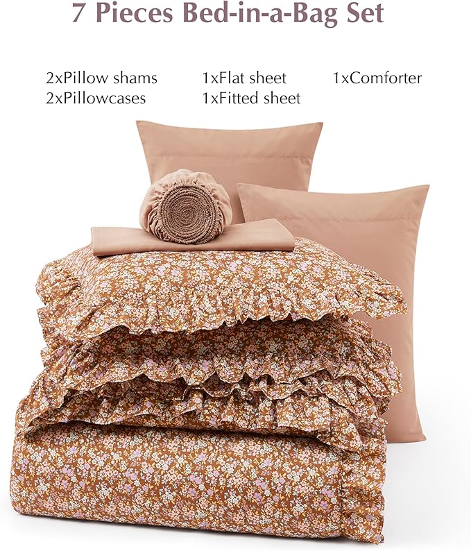 Full Comforter Set - 7 Pieces Ruffle Brown Floral Bedding Sets, Shabby Chic Farmhouse Bed in a Bag with Ruffle Comforter, Sheets, Pillowcases & Shams