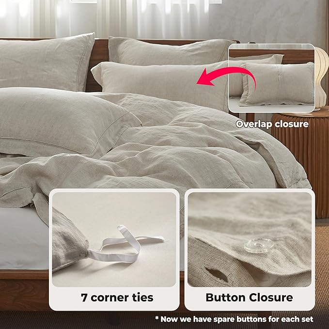 Simple&Opulence 100% Washed Linen Duvet Cover Set with Embroidered,3 Pieces Soft Farmhouse Comforter Set with Button Closure,1 Duvet Cover and 2 Pillowshams(King,Natural Linen)