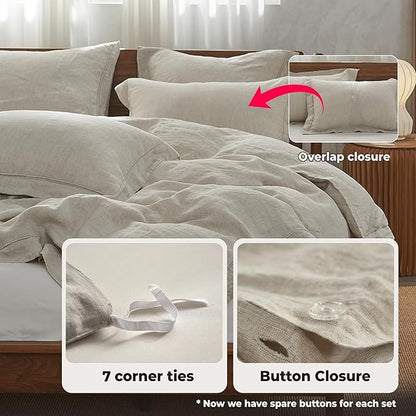 Simple&Opulence 100% Washed Linen Duvet Cover with Embroidered, 3 Pieces Soft Farmhouse Comforter Set with Button Closure,1 Duvet Cover and 2 Pillowshams (California King,Natural Linen)