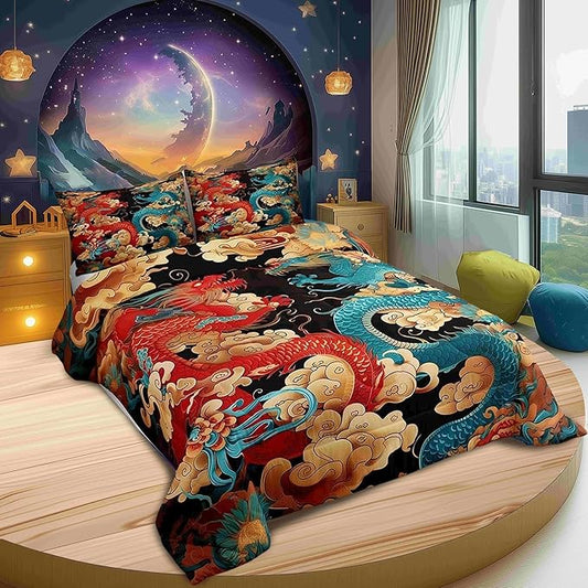 Castle Fairy Propitious Cloud Boys Girls Comforter Set Full Size,Chinese Loong Duvet Set Teens Bedroom Decor,Dragon Exotic Chinese Style Microfiber Soft Bedding