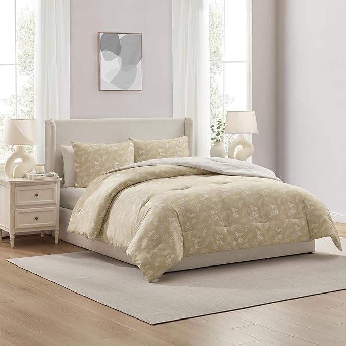 Nestl King Size Comforter Set - Oatmeal Bed in a Bag King Size, 3 Pieces Reversible Bed Set, Soft Floral Bedding Set, All Season Botanical Comforters with Pillow Shams