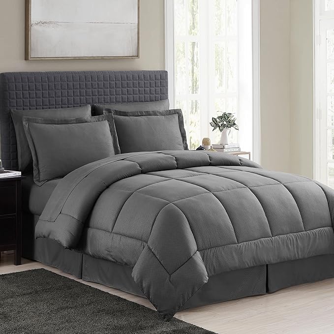 King Size Comforter Set 8 Piece Bed in a Bag with Bed Skirt, Fitted Sheet, Flat Sheet, 2 Pillowcases, 2 Pillow Shams, King, Checkered Gray