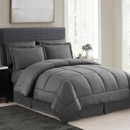 King Size Comforter Set 8 Piece Bed in a Bag with Bed Skirt, Fitted Sheet, Flat Sheet, 2 Pillowcases, 2 Pillow Shams, King, Checkered Gray