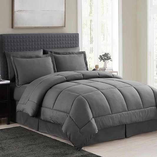 King Size Comforter Set 8 Piece Bed in a Bag with Bed Skirt, Fitted Sheet, Flat Sheet, 2 Pillowcases, 2 Pillow Shams, King, Checkered Gray