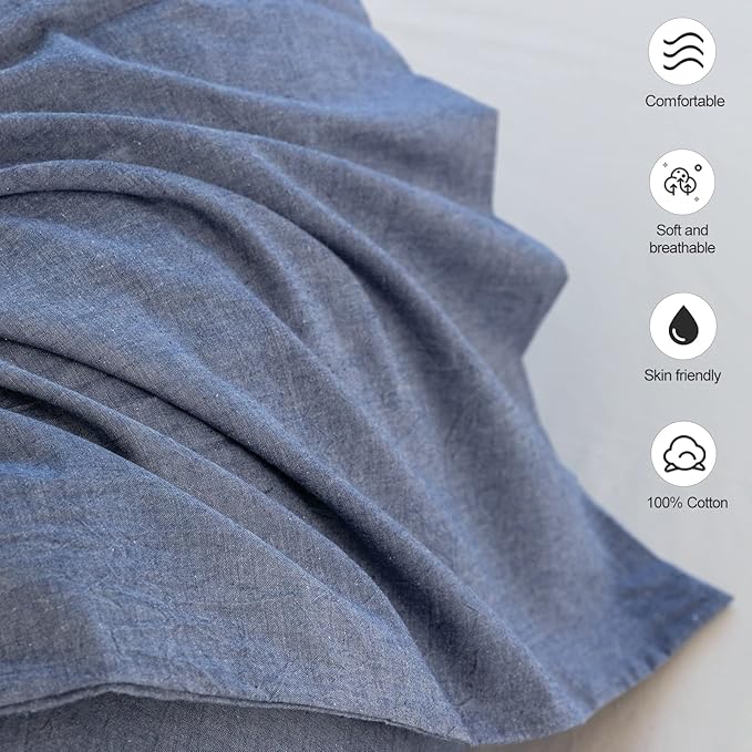 MooMee Bedding Pillowcases Pack of 2 100% Washed Cotton Linen Like Textured Breathable Durable Soft Comfy (Heathered Blue, King)
