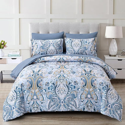 Drucon Blue Paisley Comforter Set King, 7 Pieces Bed in a Bag Boho Comforter Soft Microfiber Blue Paisley Bedding(1 Comforter, 1 Flat Sheet, 1 Fitted Sheet, 2 Pillow Shams, 2 Pillowcases)