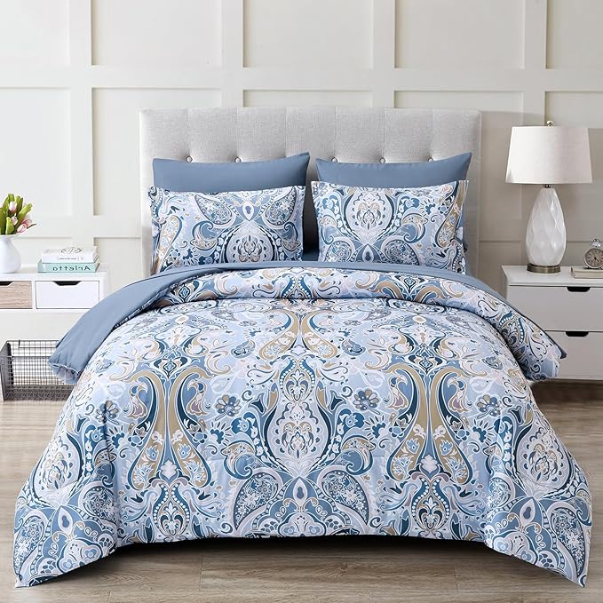Drucon Blue Paisley Comforter Set Queen, 7 Pieces Bed in a Bag Boho Comforter Soft Microfiber Blue Paisley Bedding(1 Comforter, 1 Flat Sheet, 1 Fitted Sheet, 2 Pillow Shams, 2 Pillowcases)