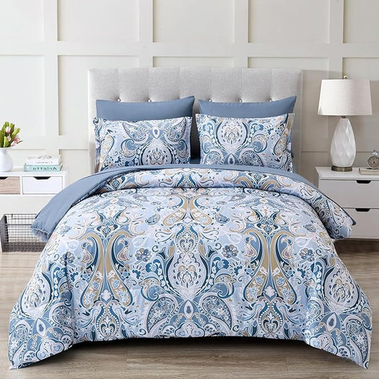 Drucon Blue Paisley Comforter Set Queen, 7 Pieces Bed in a Bag Boho Comforter Soft Microfiber Blue Paisley Bedding(1 Comforter, 1 Flat Sheet, 1 Fitted Sheet, 2 Pillow Shams, 2 Pillowcases)