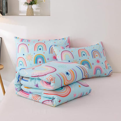 Btargot Lightweight Soft 3 Piece Rainbow Comforter Set with 2 Pillow Covers, Cartoon Love Hearts Suns and Stars Bedding Set for Girls Boys Kids, Twin Light Blue