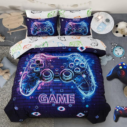 A Nice Night 5Pcs Gaming Comforter Set,Blue Purple 3D Game Contoller Themed Printing Bedding Sets for Kids Teen Boys, Reversible Comforter for All Seasons,Full