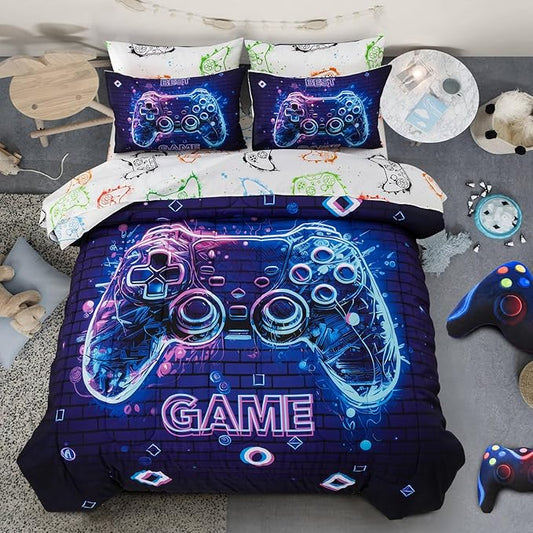 A Nice Night 5Pcs Gaming Comforter Set,Blue Purple 3D Game Contoller Themed Printing Bedding Sets for Kids Teen Boys, Reversible Comforter for All Seasons,Full