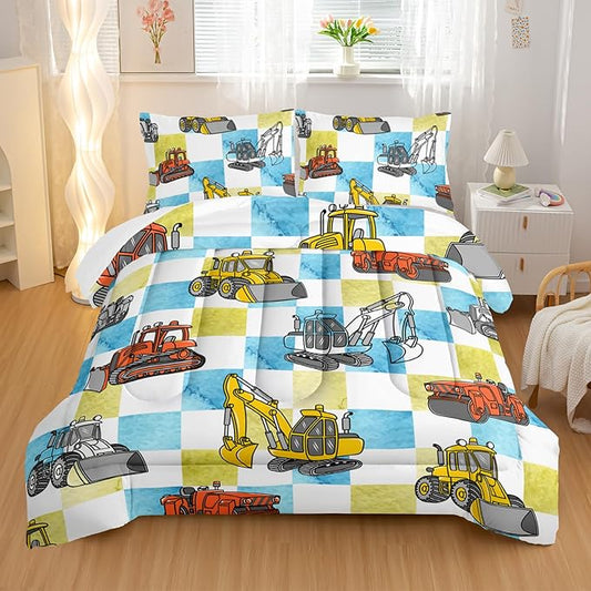 Boy's Construction Truck Comforter Set King,Orange,and Yellow Truck 3 Pieces Bedding Set for Kids Boys Teens,Blue and Yellow Plaid Microfiber Lightweight Quilt Bedroom Decor with 2 Pillow Cases