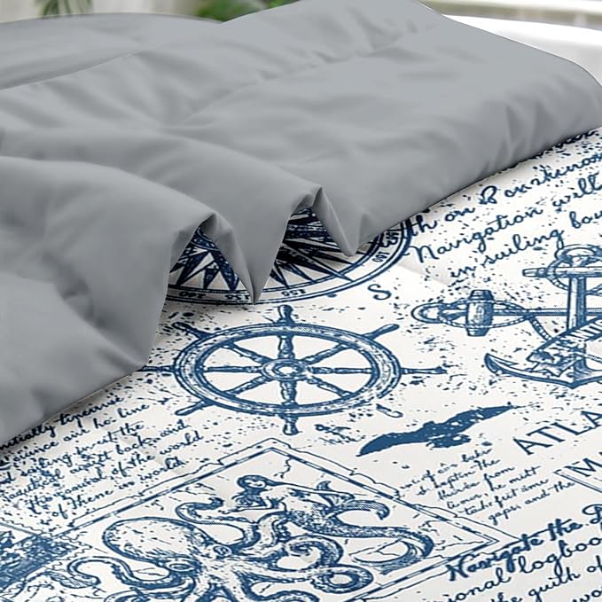 Comforter Set Queen Size, Nautical Anchor Sailor Grey 7 Pcs Bedding for Kids and Adults, Ocean Vintage Sea Bed Sheet Sets with Fitted Sheet 2 Pillowcases & 2 Shams for Bedroom Bed Decor