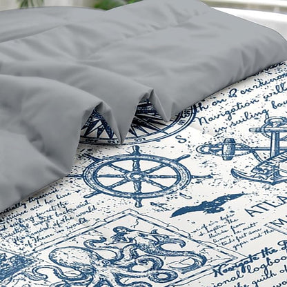 Comforter Set Queen Size, Nautical Anchor Sailor Grey 7 Pcs Bedding for Kids and Adults, Ocean Vintage Sea Bed Sheet Sets with Fitted Sheet 2 Pillowcases & 2 Shams for Bedroom Bed Decor