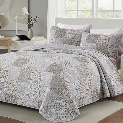 Dobuyly King Size Quilt Set Boho Grey Beige Plaid Patchwork Bedspreads Coverlet Set, 3 Pieces Reversible Lightweight Microfiber Neutral Quilt Bedding Set for All Seasons 110"x90"
