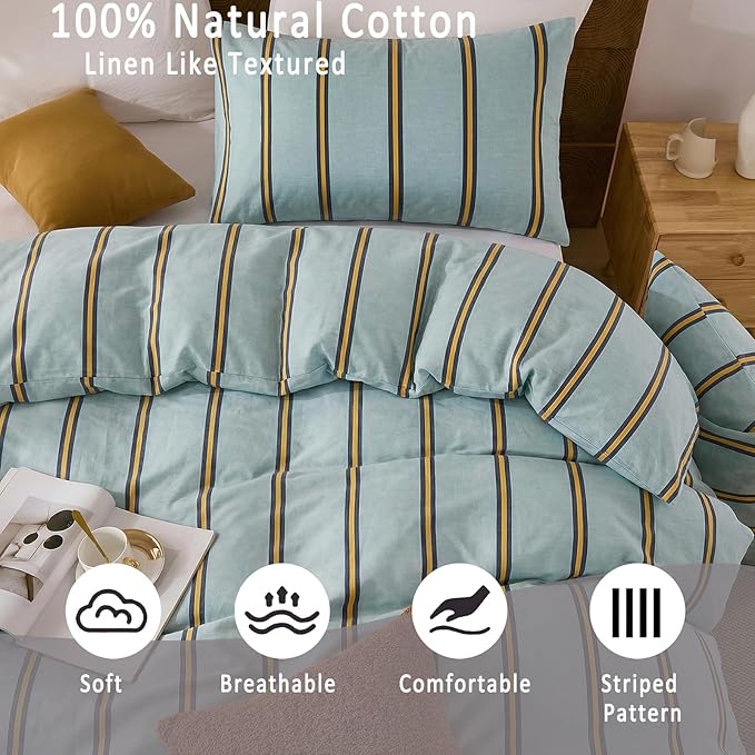 Merryword Green & Orange Striped Duvet Cover Set King Size, 100% Cotton Bedding Set with Zipper Closure & 8 Corner Ties, Luxury Linen Like Bedding, Soft Breathable Comforter Cover for All Seasons