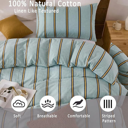 Merryword Green & Orange Striped Duvet Cover Set King Size, 100% Cotton Bedding Set with Zipper Closure & 8 Corner Ties, Luxury Linen Like Bedding, Soft Breathable Comforter Cover for All Seasons