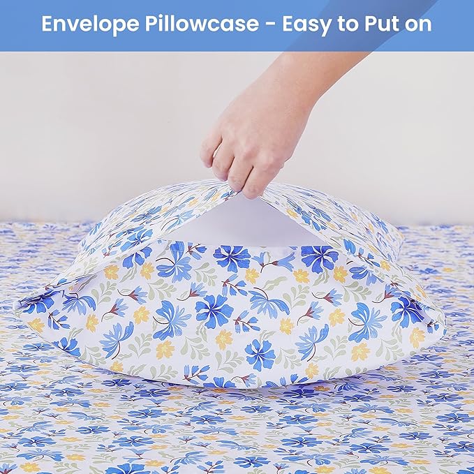 Softan Vintage Blue Floral Full Bed Sheets, Cozy Microfiber Flower Printed Sheets with 15" Deep Pocket Fitted Sheet & Non-Slip Straps, Patterned Floral in Blue & Amber Sheets & Pillowcase Set