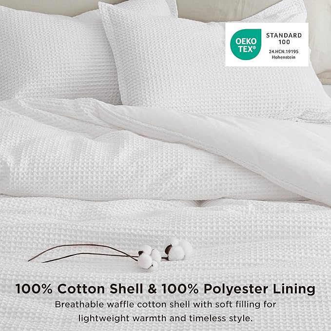 Bedsure Waffle Comforter Set California King, White Soft Bedding, Waffle Weave Bed Set, 3 Pieces, 1 Comforter (104"x96") and 2 Pillow Shams, Cotton Shell and Polyester Lining for All Seasons