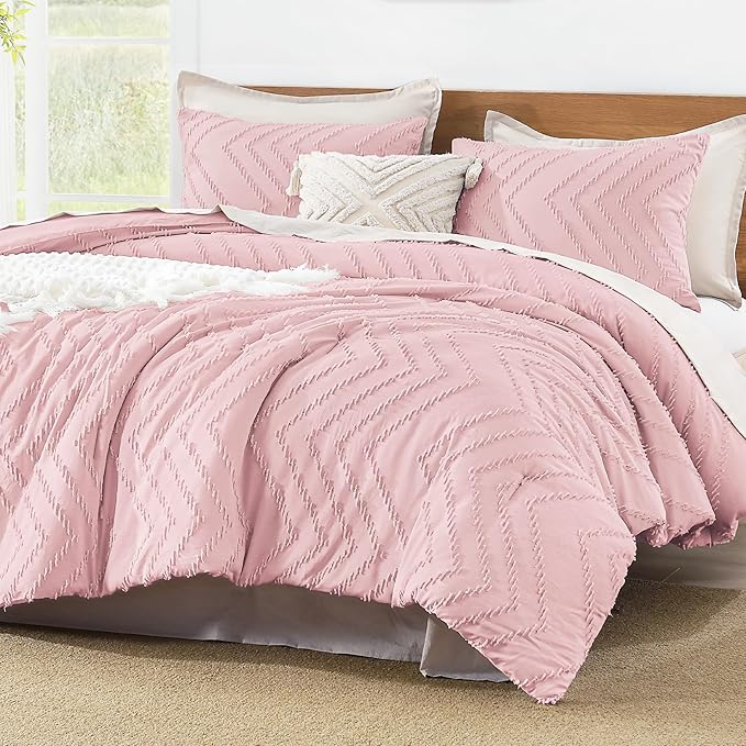 Litanika Pink Queen Size Comforter Sets, 3 Pieces Lightweight Chevron Tufted Bedding Comforter Set, Fluffy Down Alternative Comforter Bed Set Gift Choice (90x90In Comforter and 2 Pillowcases)