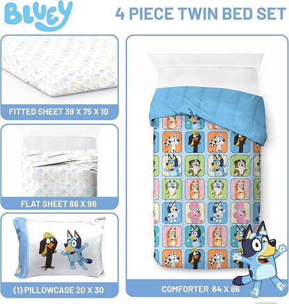 Jay Franco Bluey Twin Size Comforter Set - 4 Piece Bedding Includes Sheet Set, Pillow Covers & Bonus Duffle Bag - Super Soft Kids Bedding with Bingo, Muffin, Coco & Snickers