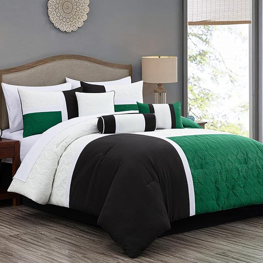 Chezmoi Collection Upland 7-Piece Quilted Patchwork Comforter Set, Green/Black/Cream White, Queen
