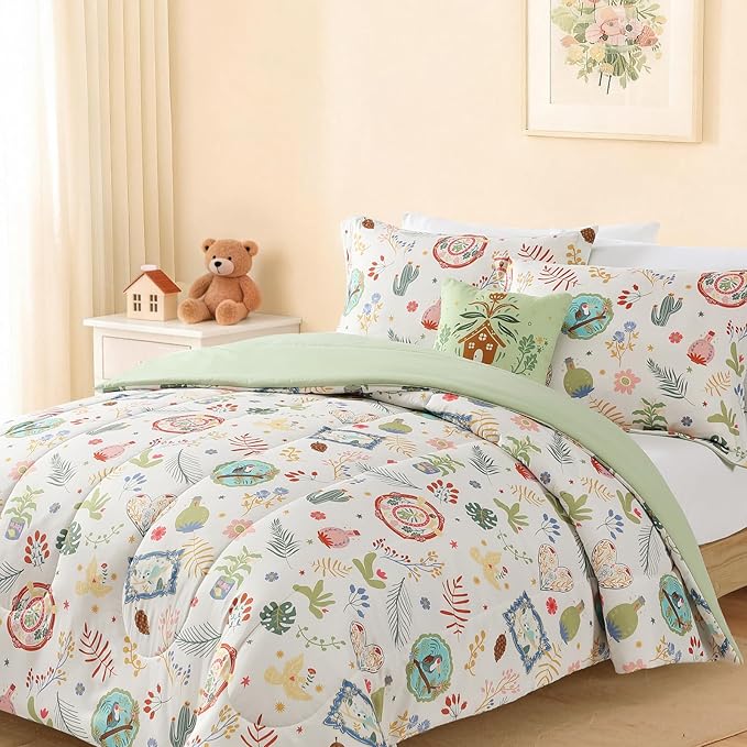 Twin Comforter Set for Girls-3 Pieces Forest Friends Twin Bedding Sets for Kids,1 Comforter,1 Sham and 1 Decor Pillow