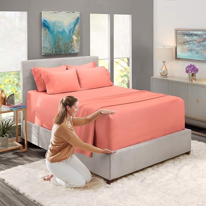 Hearth & Harbor Extra Deep Pocket Sheets - Fits Mattress 18-24 Inches Deep - Extra Deep Pocket Split King Size Sets - 7 Piece Split King Size - Misty Rose