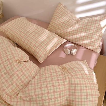 Vintage Pink Plaid Duvet Cover Queen 100% Cotton Muslin Gingham Duvet Cover Pink Green Plaid Checkered Grid Bedding Set Linen Like Gauze Comforter Cover Soft Breathable Gingham Bedding Set Queen