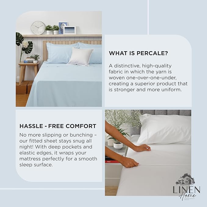Linen Home 100% Cotton Percale Pillowcases King Size, Blue Duck Egg, 2 Pieces of Pillow Case, Crisp and Cool Strong Bed Linen, 20 inches X 40 inches