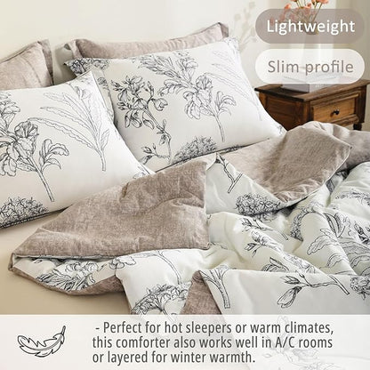 Floral Cotton Comforter Queen Size 3Pcs - Vintage Design with Luxurious Black Sketched Flowers & Leaves on Cream, Retro Taupe Reversible Lightweight Bedding Sets with Soft Fill(90"×90")