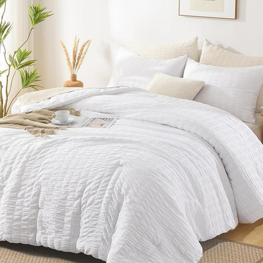 AveLom Seersucker White Comforter Set Full, 3 Pieces- 100% Soft Washed Microfiber Lightweight Comforter with 2 Pillowcases, All Season Down Alternative Bedding Set (80x90 inches)